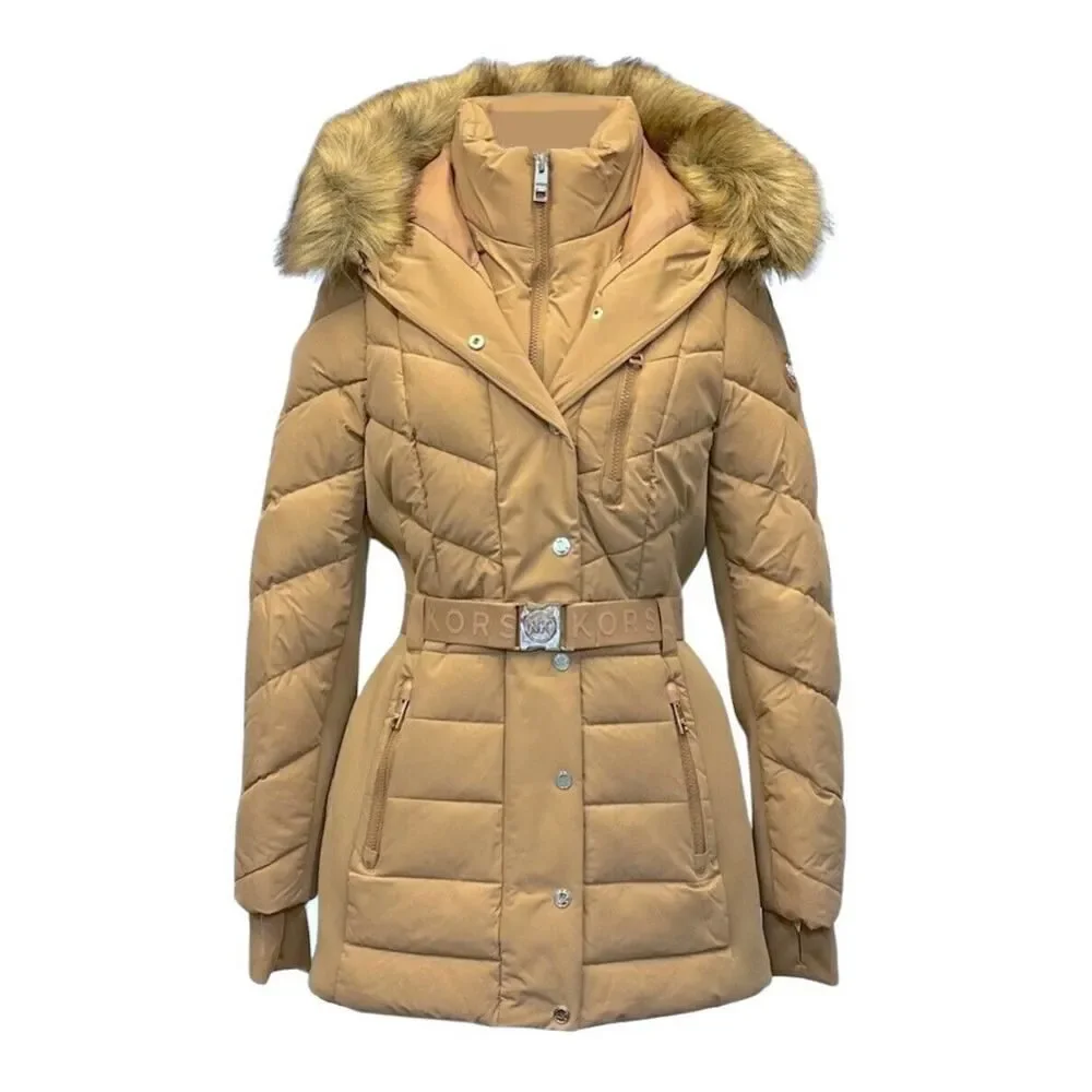 Michael Michael Kors Belted Puffer Faux Fur Trim Hooded Coat Jacket Dark Camel L - Picture 1 of 3